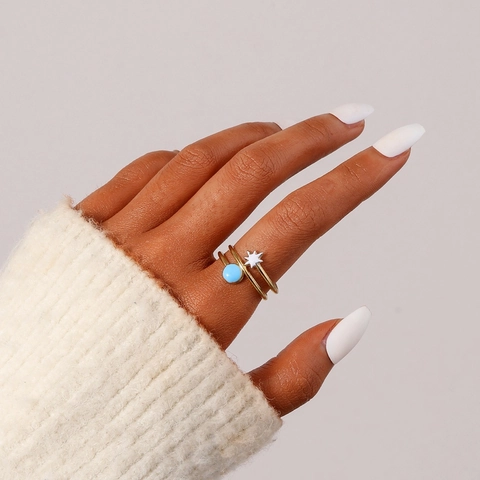 INS Stil Edelstahl Stern Offener Ring Verstellbar Gold Silber Plattiert Emaille Sonne Stern Hohl Geometrischer Fingerring Schmuck Damen