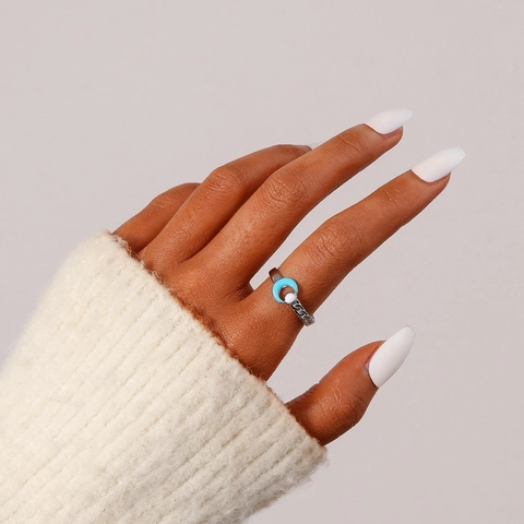 Eleganter Edelstahl Sichelmond Verstellbarer Ring Mit Künstlicher Perle Blau Emaille Kettendesign Damen Schmuck