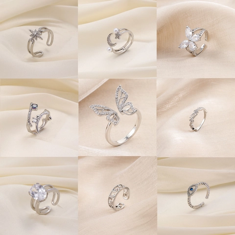 Exquisiter Kupfer Zirkonia Offener Ring Für Damen Verstellbarer Schmetterling Stern Mond Fingerring Leichter Luxusschmuck