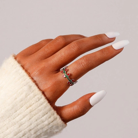 Edelstahl Mori Waldstil Blattranke Offener Ring Mit Emaille Blatt Beeren Verstellbarer Pastoraler Fingerring Schmuck Für Damen