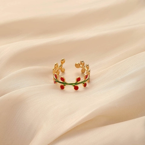 Edelstahl Mori Waldstil Blattranke Offener Ring Mit Emaille Blatt Beeren Verstellbarer Pastoraler Fingerring Schmuck Für Damen