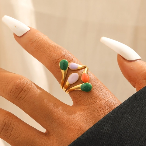 Bague Ouverte en Acier Inoxydable Feuille pour Femme Réglable Émail Multicolore Goutte d'Eau Anneau Bijou Doux Cadeau