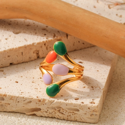 Bague Ouverte en Acier Inoxydable Feuille pour Femme Réglable Émail Multicolore Goutte d'Eau Anneau Bijou Doux Cadeau