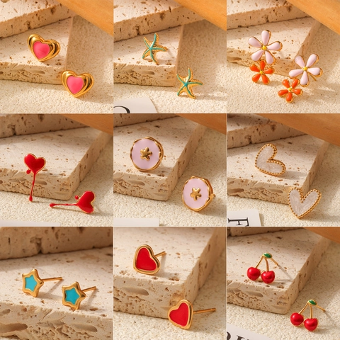 Süßer Prinzessinnen-Stil Edelstahl Emaille Herz Seestern Blume Ohrstecker Vergoldeter Modeschmuck Für Damen