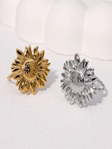 Sunflower Ring Stainless Steel 18K Gold Plated Adjustable Open Band Minimalist Bohemian Floral Jewelry For Women