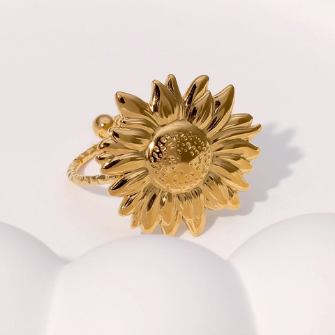 Sunflower Ring Stainless Steel 18K Gold Plated Adjustable Open Band Minimalist Bohemian Floral Jewelry For Women