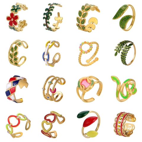Mode Bunte Emaille Edelstahl Offener Ring Für Frauen Wald Blatt Blume Vergoldet Verstellbarer Fingerring Schmuck Geschenk