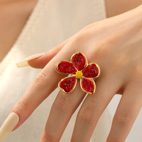 Retro Luxus Große Blume Edelstahl Ring 18K Vergoldet Emaille Offen Verstellbar Fingerring Für Damen Mode Schmuck