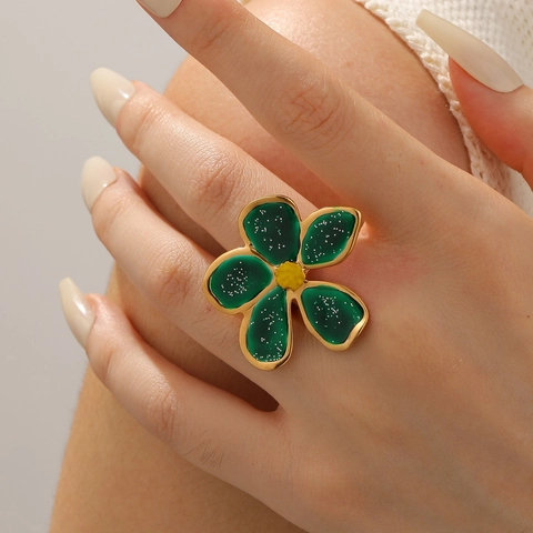 Retro Luxus Große Blume Edelstahl Ring 18K Vergoldet Emaille Offen Verstellbar Fingerring Für Damen Mode Schmuck
