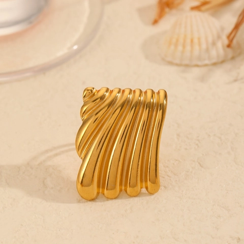 Anello Aperto Regolabile in Acciaio Inossidabile 304 Placcato Oro Vintage per Donna Anello Geometrico con Trama a Onde