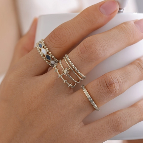 Vintage Stainless Steel Adjustable Ring Set Women Men Hollow Star Sun Pattern Open Stacking Finger Rings Silver Jewelry
