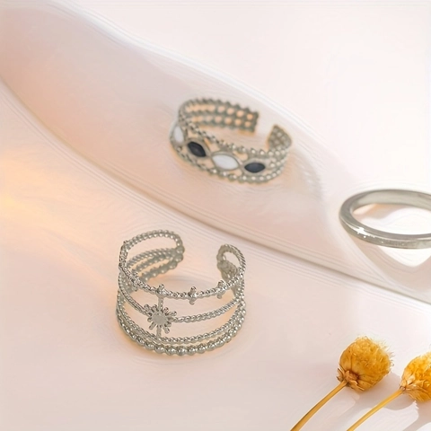 Vintage Stainless Steel Adjustable Ring Set Women Men Hollow Star Sun Pattern Open Stacking Finger Rings Silver Jewelry