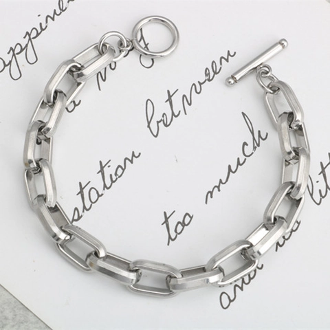 Minimalist Stainless Steel Chunky Chain Bracelet For Men Women Unisex Industrial Style T-Bar Clasp Geometric Link Bracelet Silver Tone Fashion Jewelry