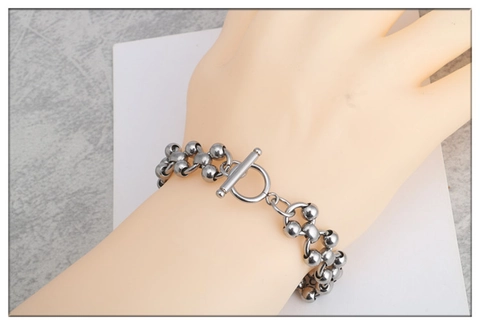 Pulsera de Cadena de Cuentas Redondas de Acero Inoxidable Unisex Joyería Hip Hop Hecha a Mano Con Cierre de Barra Hebilla OT