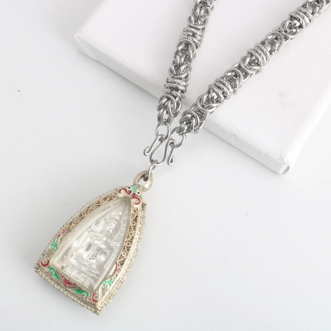 Stainless Steel Byzantine Chain Necklace Thai Buddha Amulet Pendant Silver Ethnic Religious Style Jewelry For Men Women