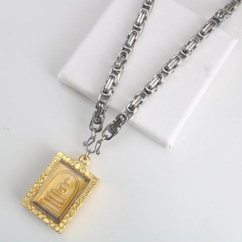 Stainless Steel Byzantine Box Chain Necklace With Gold Buddha Amulet Pendant Religious Thai Style Jewelry For Men Women
