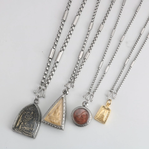 Titanium Steel Thai Buddhist Amulet Chain Necklace Geometric Tube Link Religious Religious Jewelry For Men Women
