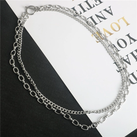 Collana a Catena Doppia in Acciaio al Titanio Minimalista Argento Catena a Marciapiede Patchwork Gioielli Hip Hop Street Unisex