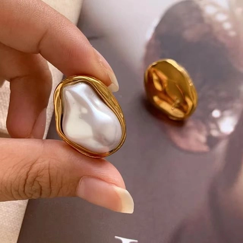 Barok Kunstparel Roestvrijstalen Sieradenset Vintage 18K Verguld Onregelmatige Metalen Oorbellen Halsketting Ring Voor Dames