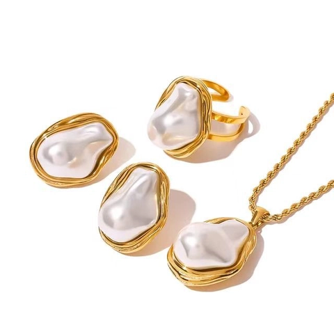 Barok Kunstparel Roestvrijstalen Sieradenset Vintage 18K Verguld Onregelmatige Metalen Oorbellen Halsketting Ring Voor Dames