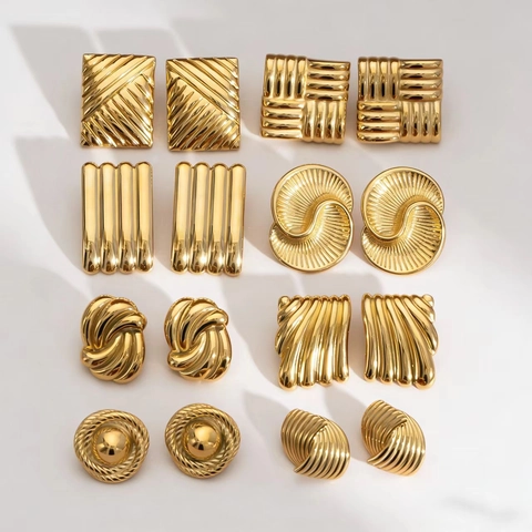 Vintage Geometric 304 Stainless Steel Stud Earrings For Women Thick Gold Plated Texture Retro Fashion Daily Jewelry