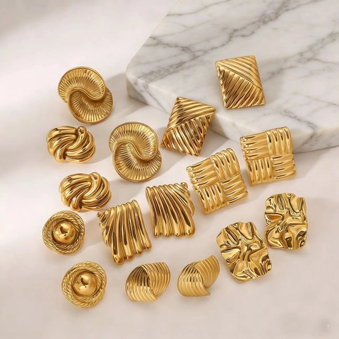 Vintage Geometric 304 Stainless Steel Stud Earrings For Women Thick Gold Plated Texture Retro Fashion Daily Jewelry