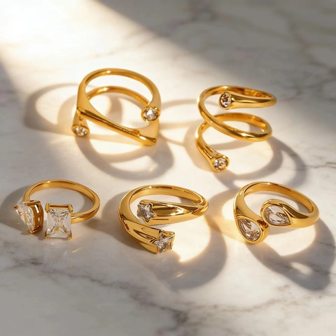 Minimalist Stainless Steel Adjustable Open Ring For Women Elegant Gold Plated Geometric Crystal Finger Ring Light Luxury Jewelry Gift