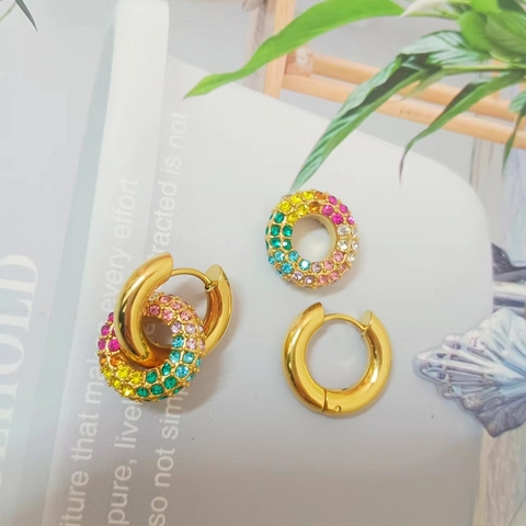 Franse Retro 18K Vergulde Roestvrijstalen Oorbellen Afneembare Gekleurde Zirkonia Strass Ronde Hoop Oorbellen Dames