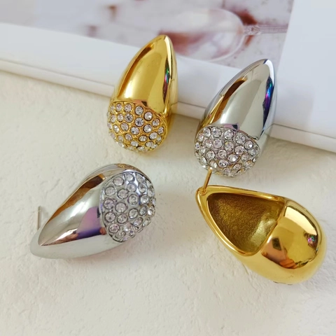 Orecchini a Bottone in Acciaio Inossidabile Placcato Oro 18K a Goccia d'Acqua per Donna con Strass Intarsiati Gioielli