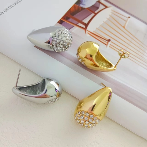 Orecchini a Bottone in Acciaio Inossidabile Placcato Oro 18K a Goccia d'Acqua per Donna con Strass Intarsiati Gioielli