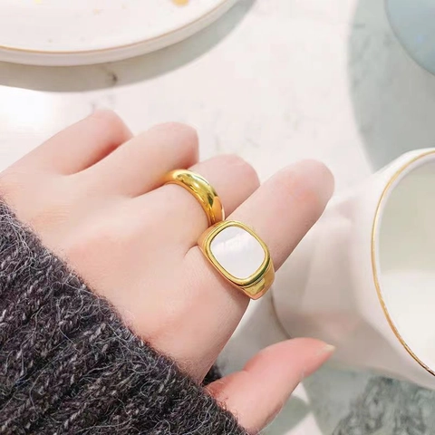 Vintage 18K Verguld Roestvrij Staal Rechthoek Parelmoer Zegelring Voor Vrouwen Minimalistisch Geometrisch Schelp Vingerring Sieraden