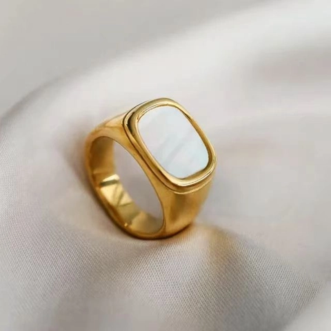 Vintage 18K Verguld Roestvrij Staal Rechthoek Parelmoer Zegelring Voor Vrouwen Minimalistisch Geometrisch Schelp Vingerring Sieraden