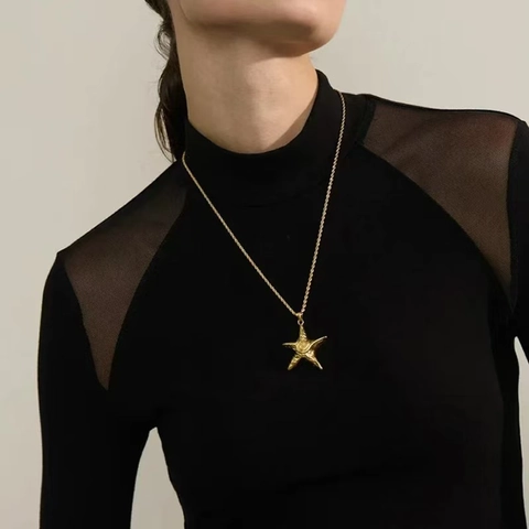 Roestvrijstalen Zeester Hanger Ketting Voor Vrouwen Goud Zilver Verguld Getextureerde Zeester Bedel Sieraden Touwketting