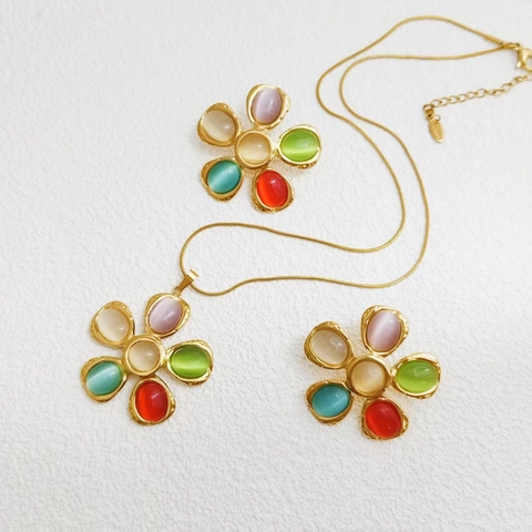 Vintage Gehamerd Roestvrij Staal Kleurrijke Kattenoogsteen Bloem Sieradenset Oorknopjes Hanger Ketting Ring Voor Dames