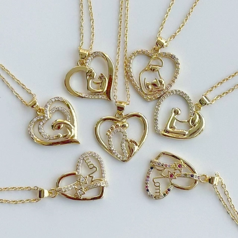 Copper Gold Plated Heart Mom Pendant Necklace For Women Rhinestone Mother Hugging Child Geometric Jewelry Mother's Day Gift