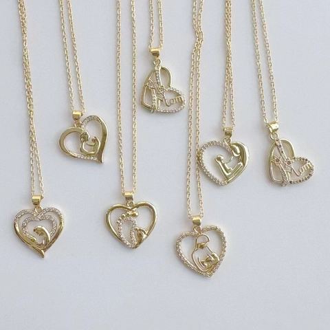 Copper Gold Plated Heart Mom Pendant Necklace For Women Rhinestone Mother Hugging Child Geometric Jewelry Mother's Day Gift