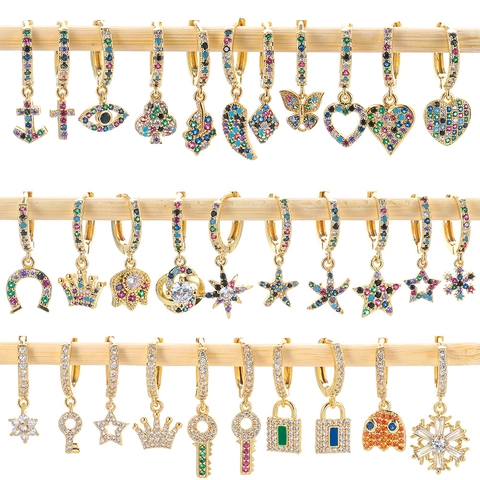 18K Vergoldete Kupfer Creolen Mit Bunten Zirkonia Anhängern Böser Blick Seestern Schlüssel Herz Schmuck Für Damen
