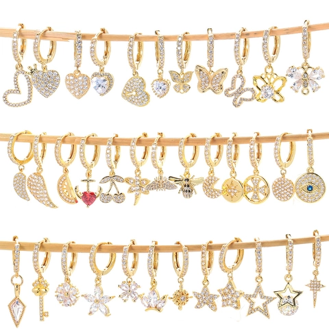Pendientes de Aro Huggie de Cobre Chapado En Oro Con Zirconia de Corazón Para Mujer Creativo DIY Colgante de Mariposa Estrella