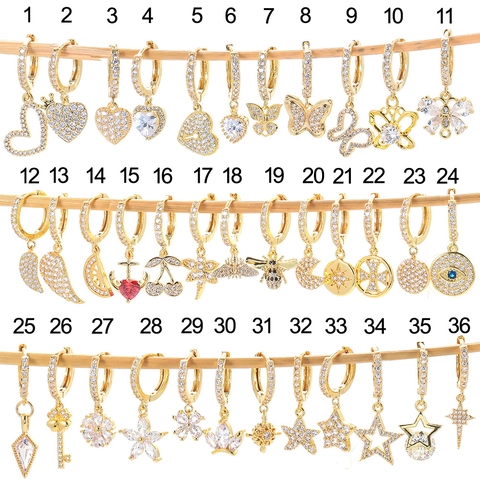 Pendientes de Aro Huggie de Cobre Chapado En Oro Con Zirconia de Corazón Para Mujer Creativo DIY Colgante de Mariposa Estrella