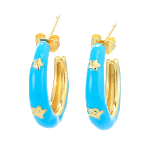 Boucles d'Oreilles Créoles en Cuivre en Forme de C pour Femmes Couleur Bonbon Émail Étoile Géométrique Zirconia Incrusté Bijoux