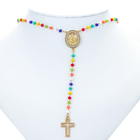 Religious Copper Zirconia Virgin Mary Medallion Cross Pendant Necklace Colorful Rosary Beads Clavicle Chain Jewelry