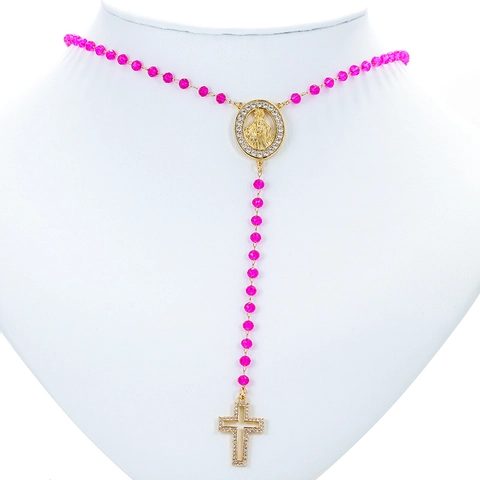 Religious Copper Zirconia Virgin Mary Medallion Cross Pendant Necklace Colorful Rosary Beads Clavicle Chain Jewelry