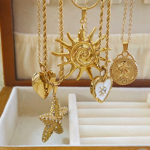 Franse Vintage Roestvrij Staal Hart Zeester Zon Maan Munt Hanger Halsketting Goud Verguld Zirkonia Sieraden Voor Vrouwen