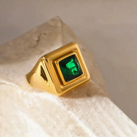 Vintage Geometrische Roestvrijstalen Ring 18K Verguld Vierkant Groen Rood Strass Zegelring Vrouwen Mode Sieraden Accessoire