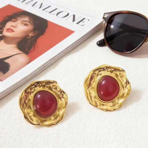 Vintage Σκουλαρίκια από Ανοξείδωτο Ατσάλι 18K Χρυσό Σφυρήλατο Ρητίνη Κεχριμπάρι Κόκκινο Γεωμετρικό Κολιέ Μενταγιόν Γυναικεία Κοσμήματα