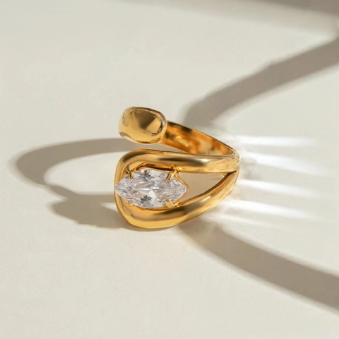 Minimalistische Roestvrijstalen Onregelmatige Open Ring Voor Dames Vacuüm 18K Verguld Ingelegde Strass Verstelbare Ring Sieraden
