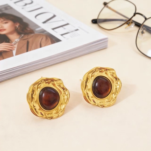 Vintage Σκουλαρίκια από Ανοξείδωτο Ατσάλι 18K Χρυσό Σφυρήλατο Ρητίνη Κεχριμπάρι Κόκκινο Γεωμετρικό Κολιέ Μενταγιόν Γυναικεία Κοσμήματα