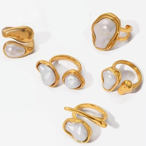 Moderne Barok Kunstparel Roestvrij Stalen Open Ring Voor Vrouwen Verguld Onregelmatige Geometrische Verstelbare Vingerring Sieraden Cadeau