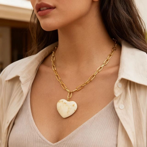 Vintage Roestvrijstalen Paperclip Ketting Met Hars Hart Hanger 18K Verguld Sieraden Voor Vrouwen Dagelijks Gebruik
