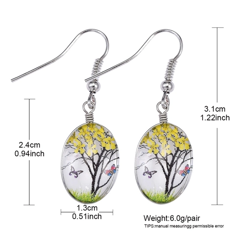 Handgemaakte Glas Gedroogde Bloem Levensboom Vlinder Oorbellen Boheems Legering Tijd Edelsteen Sieraden Vrouwen